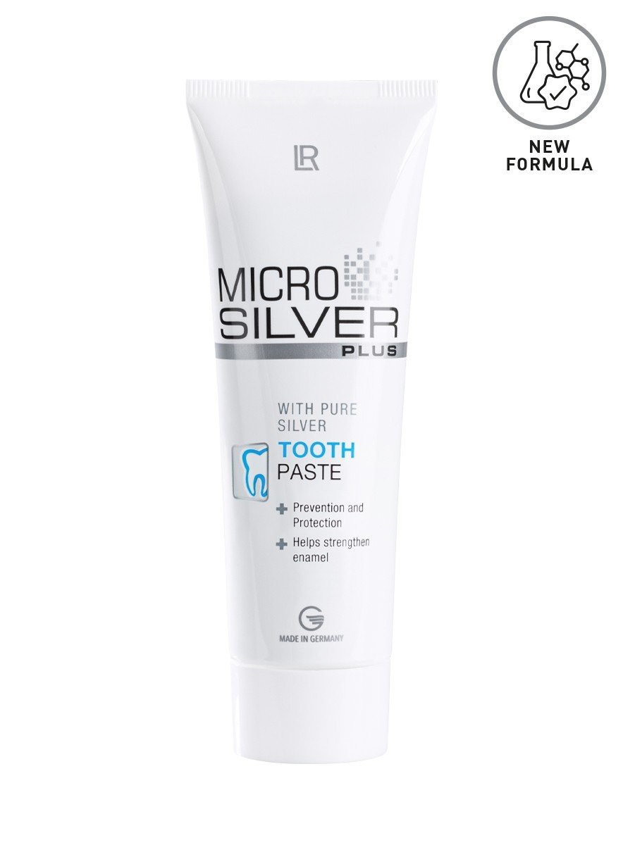 Tube de crème dentifrice blanc avec logo LR, gamme LR MICROSILVER PLUS de LR Health & Beauty