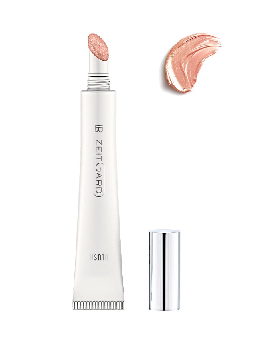 Tube de fard à joues liquide rose clair avec échantillon de texture, gamme LR ZEITGARD de LR Health & Beauty