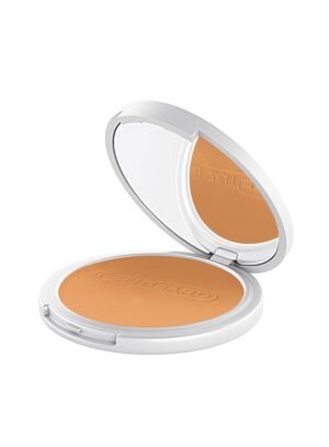 Boîtier blanc ouvert révélant une poudre fixante mate, gamme LR ZEITGARD de LR Health & Beauty